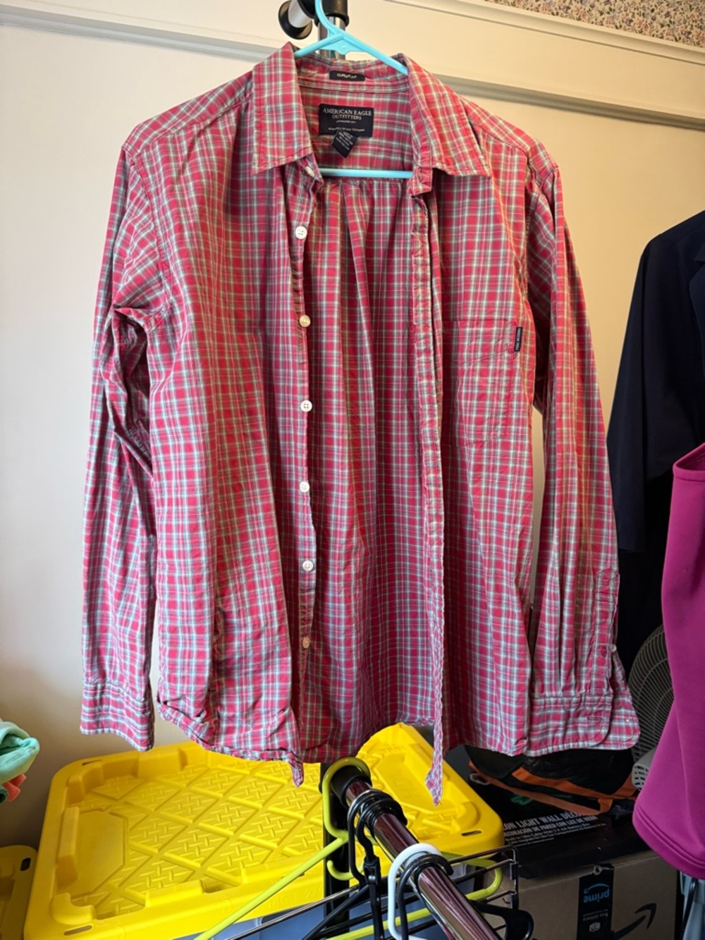 American Eagle Outfitters Men’s Pink and White Plaid Button-Down Shirt